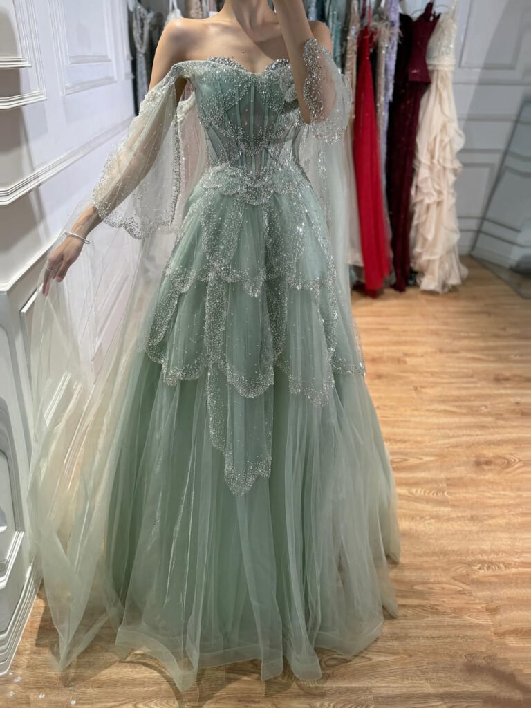Nove Dress Sage Green Beaded A-Line Arabic Evening Dress