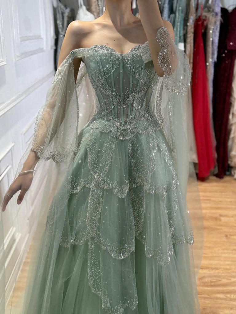 Nove Dress Sage Green Beaded A-Line Arabic Evening Dress