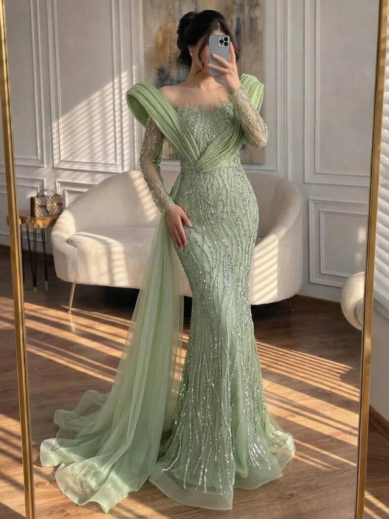 Nove Dress فستان سهرة أخضر ساج مطرز