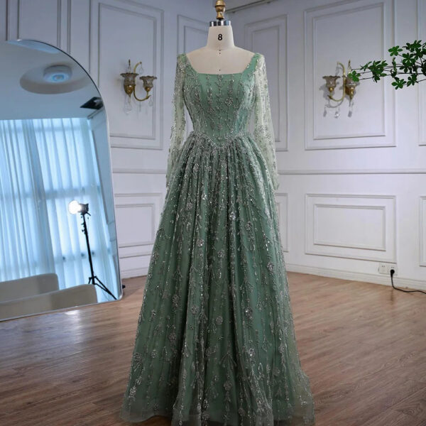 Nove Dress Sage Green Beaded Long Sleeve Evening Dress 1 - Nove Dress