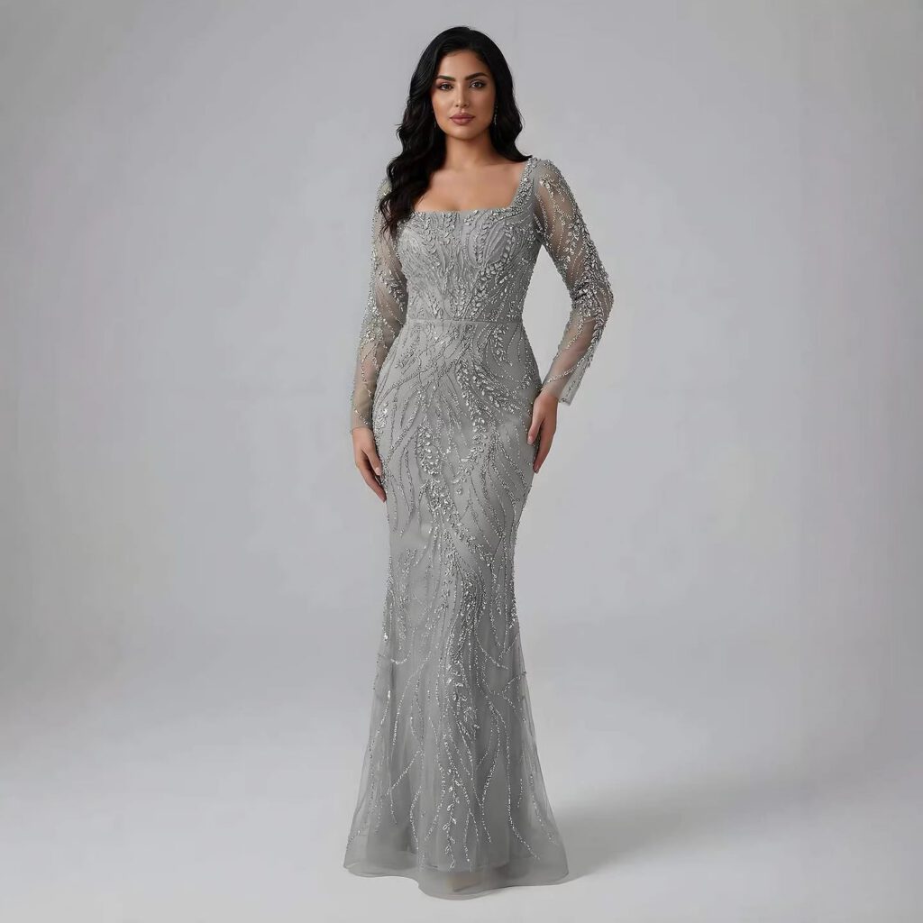 Nove Dress salbeigrün Meerjungfrau Abendkleid mit Perlenstickerei und langen Ärmeln