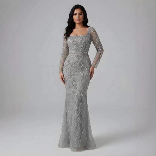 Nove Dress Sage Green Beaded Long Sleeve Mermaid Arabic Evening Dress 1 - Nove Dress