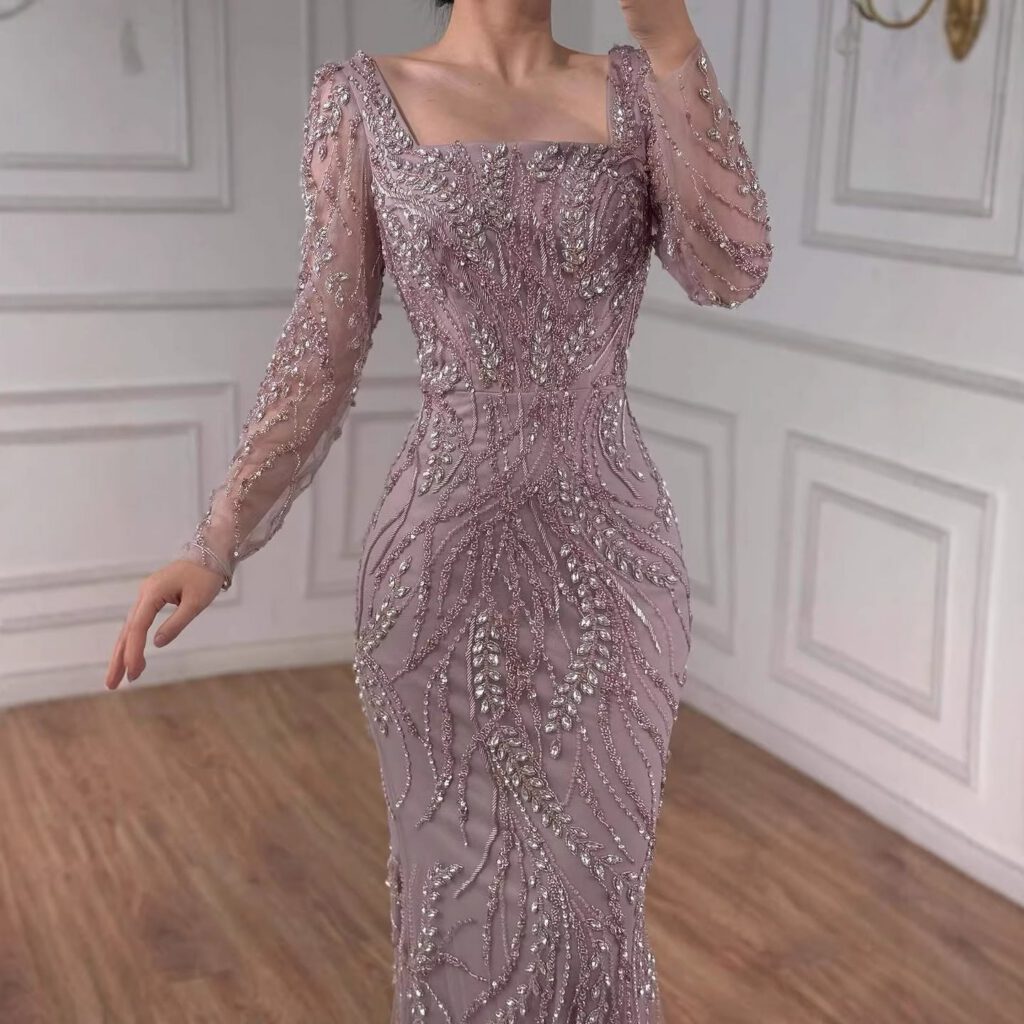 Nove Dress salbeigrün Meerjungfrau Abendkleid mit Perlenstickerei und langen Ärmeln