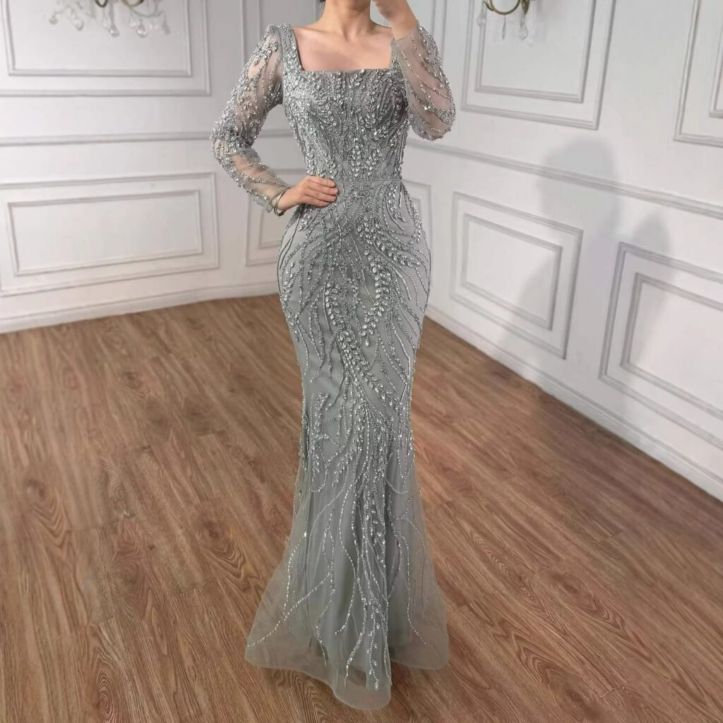 Nove Dress salbeigrün Meerjungfrau Abendkleid mit Perlenstickerei und langen Ärmeln
