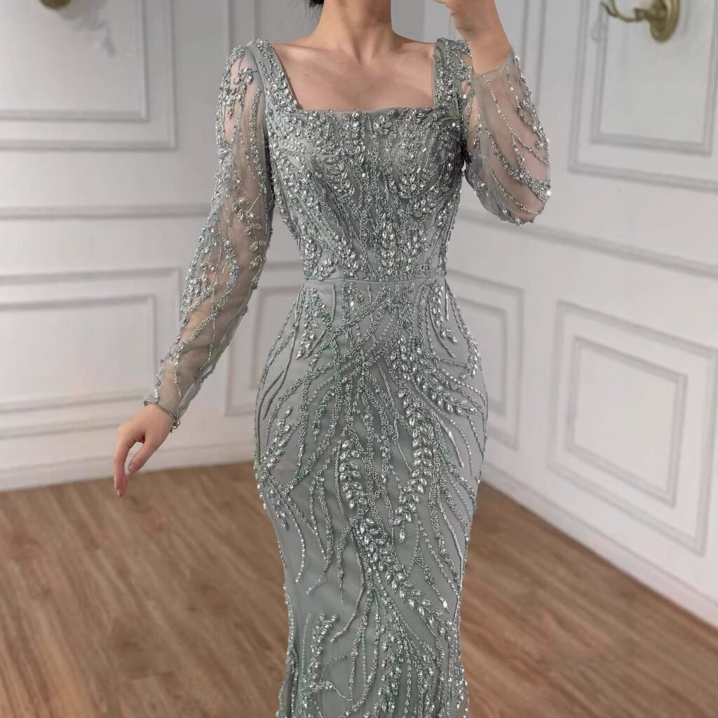 Nove Dress salbeigrün Meerjungfrau Abendkleid mit Perlenstickerei und langen Ärmeln