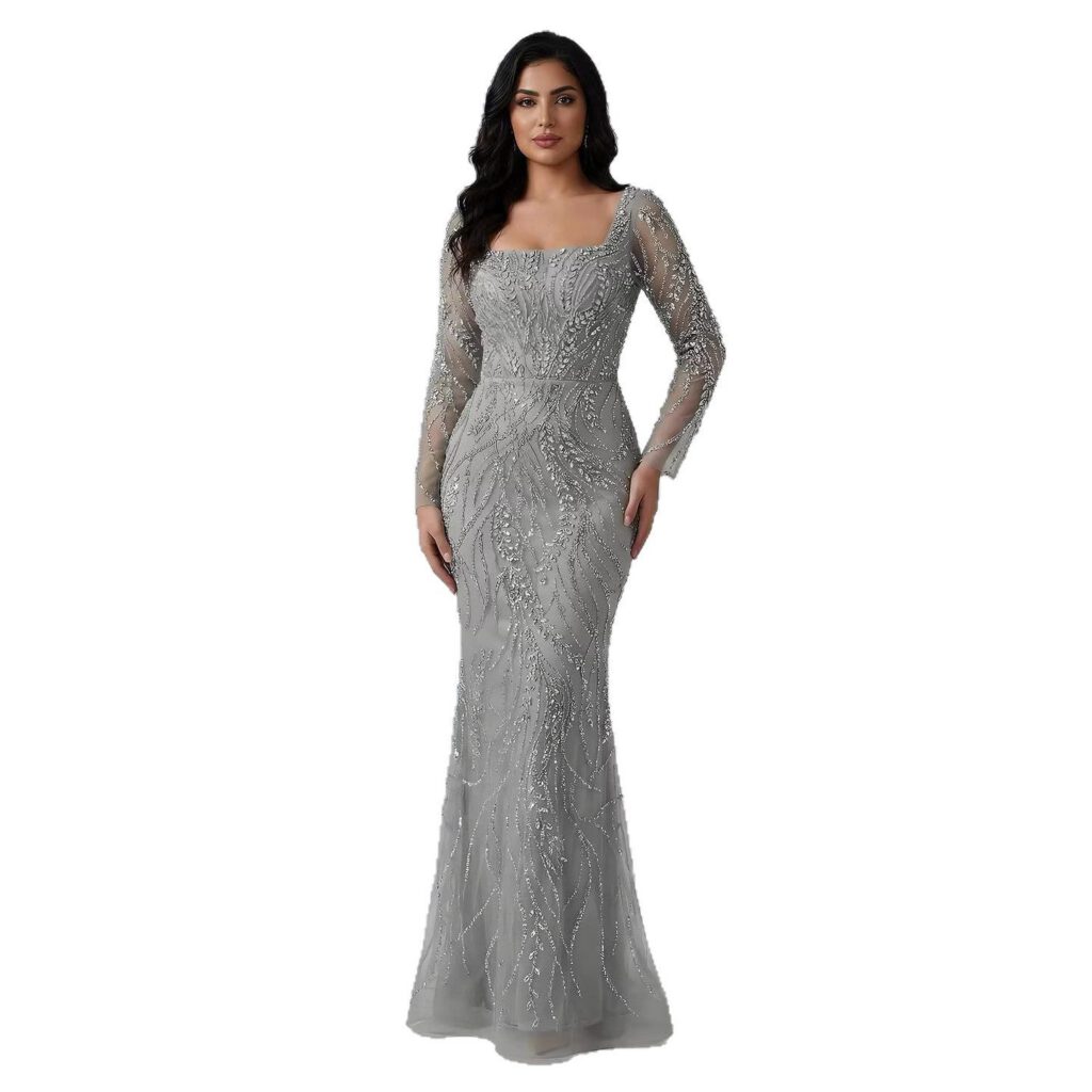 Nove Dress salbeigrün Meerjungfrau Abendkleid mit Perlenstickerei und langen Ärmeln