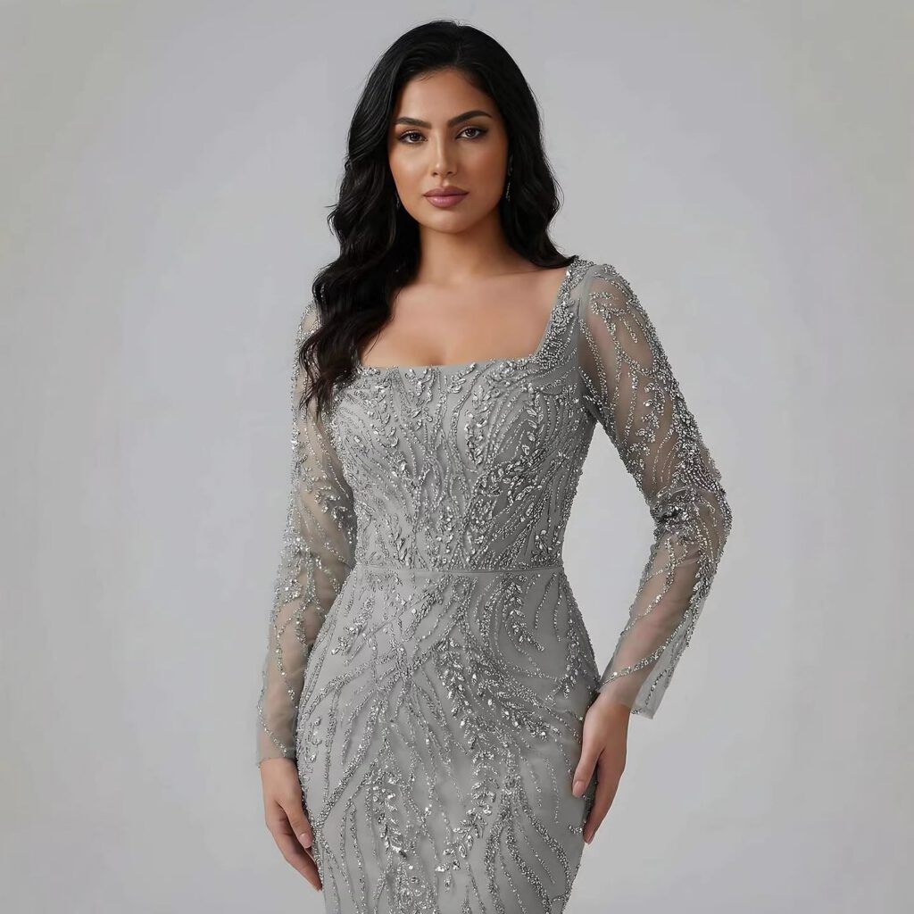 Nove Dress salbeigrün Meerjungfrau Abendkleid mit Perlenstickerei und langen Ärmeln