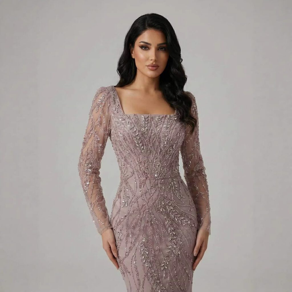 Nove Dress salbeigrün Meerjungfrau Abendkleid mit Perlenstickerei und langen Ärmeln