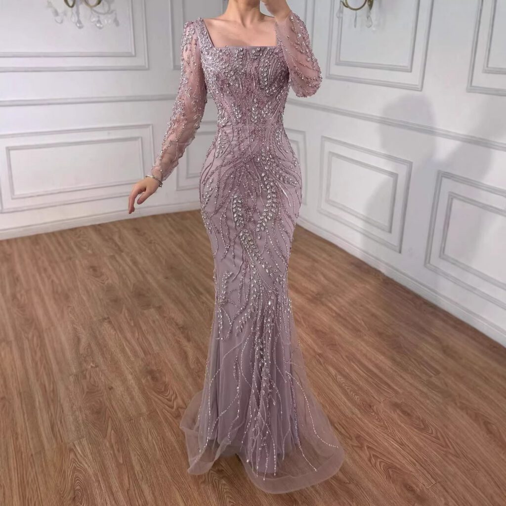 Nove Dress salbeigrün Meerjungfrau Abendkleid mit Perlenstickerei und langen Ärmeln