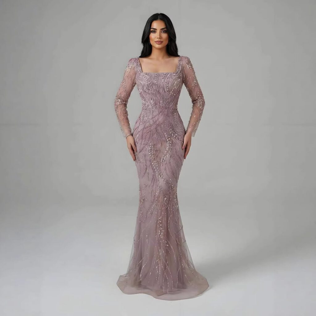 Nove Dress salbeigrün Meerjungfrau Abendkleid mit Perlenstickerei und langen Ärmeln