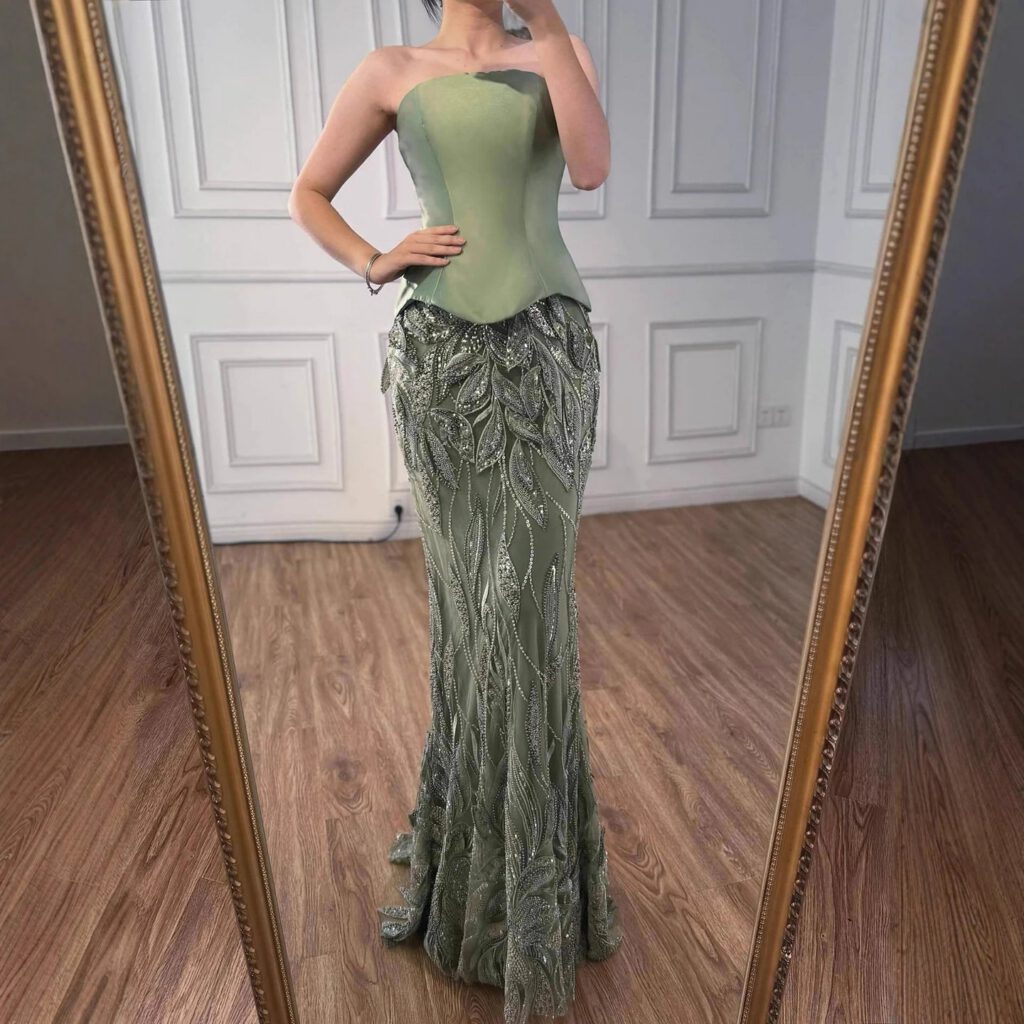 Nove Dress Sage Green Beaded Mermaid Evening Dress - Style
