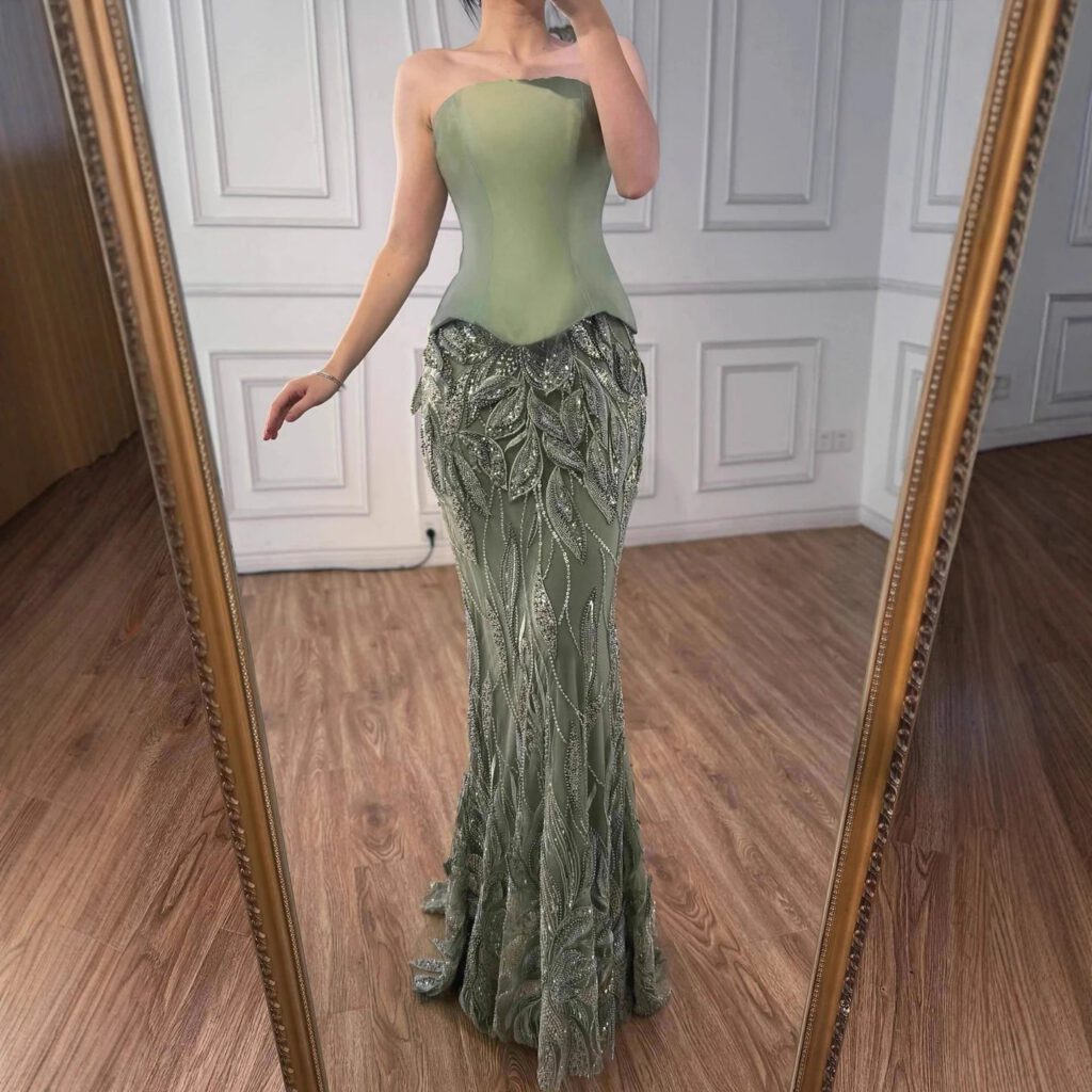 Nove Dress Sage Green Beaded Mermaid Evening Dress - Style