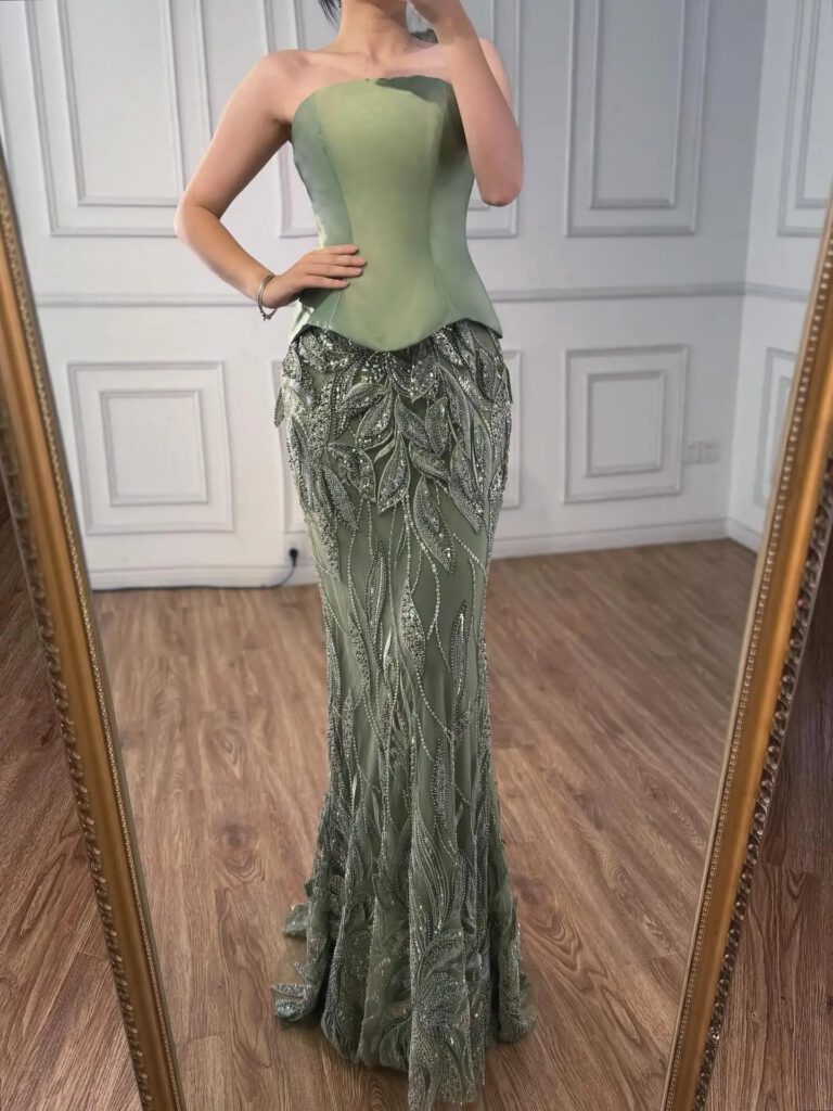 Nove Dress Sage Green Beaded Mermaid Evening Dress - Style
