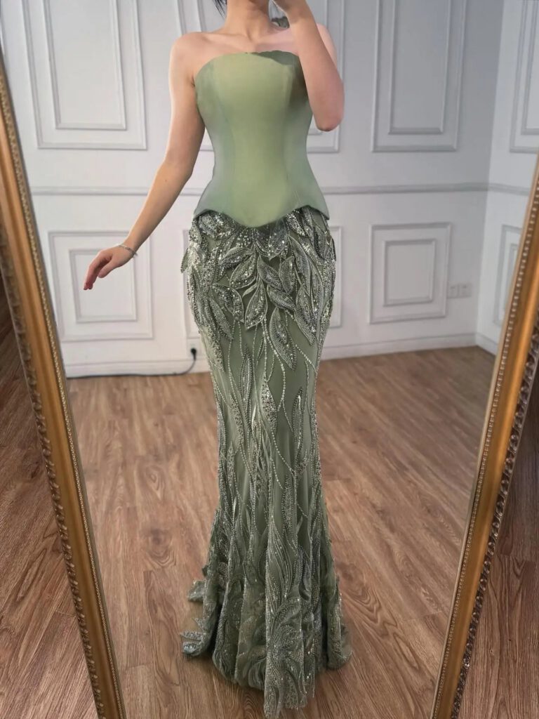 Nove Dress Sage Green Beaded Mermaid Evening Dress - Style