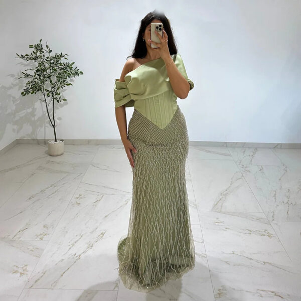 Nove Dress Sage Green Beaded Off Shoulder Mermaid Evening Dress - Style LA73037 1 - Nove Dress