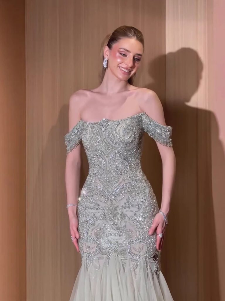 Nove Dress Sage Green Beaded Off Shoulder Mermaid Evening Dress - Style