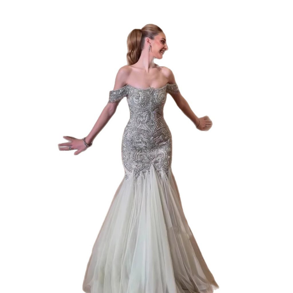 Nove Dress Sage Green Beaded Off Shoulder Mermaid Evening Dress - Style