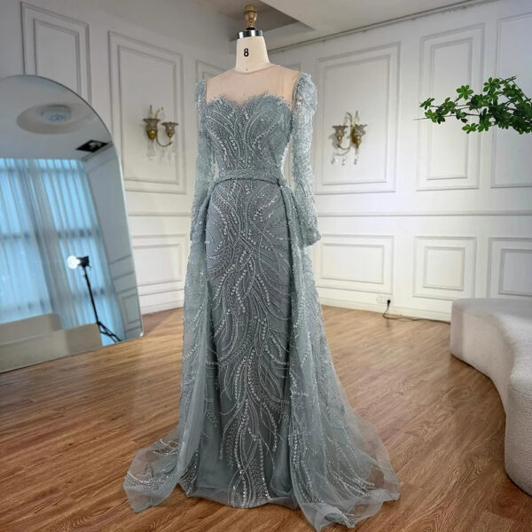 Nove Dress Sage Green Beaded Overskirt Evening Dress 1 - Nove Dress