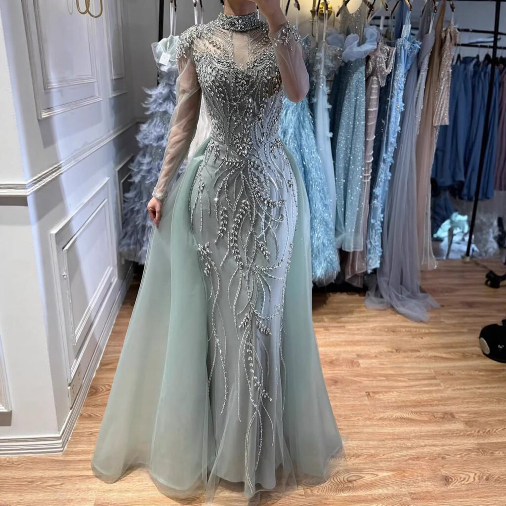 Nove Dress Sage Green Beaded Overskirt Mermaid Evening Dress