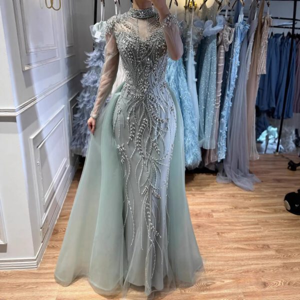 Nove Dress Sage Green Beaded Overskirt Mermaid Evening Dress 1 - Nove Dress