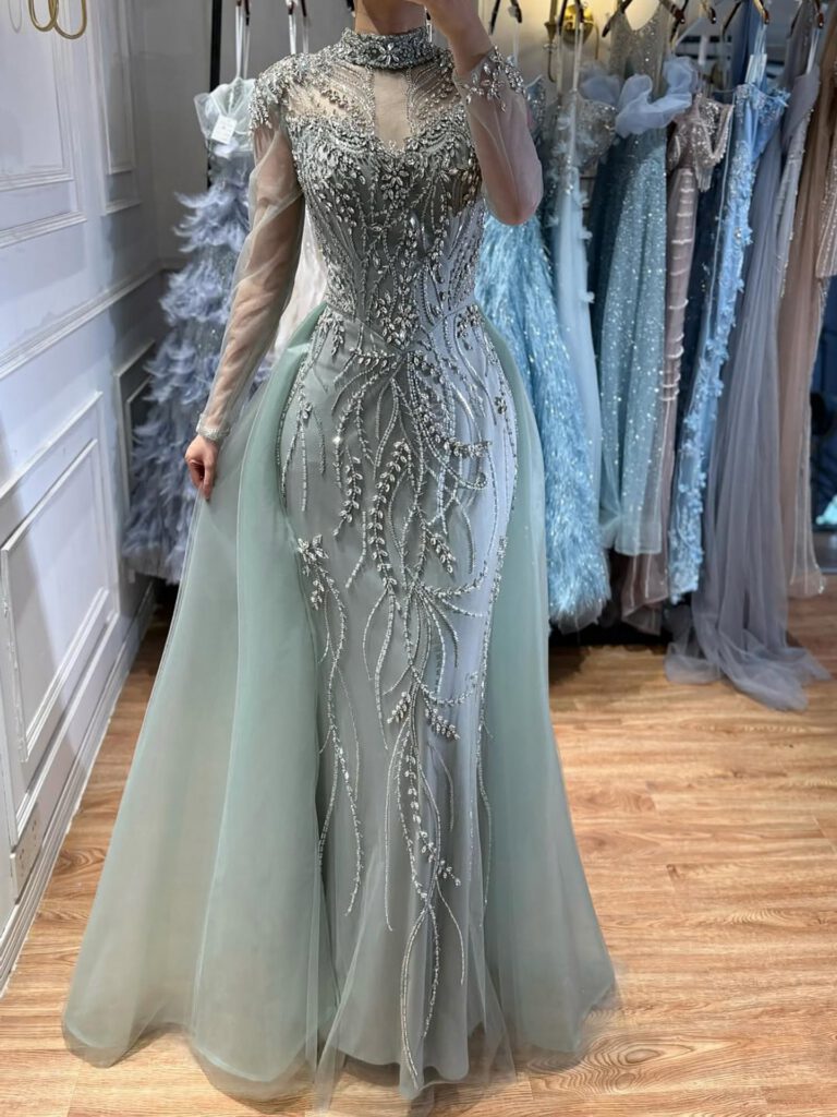 Nove Dress Sage Green Beaded Overskirt Mermaid Evening Dress