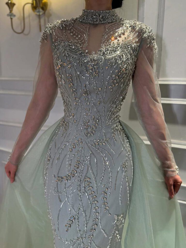 Nove Dress Sage Green Beaded Overskirt Mermaid Evening Dress