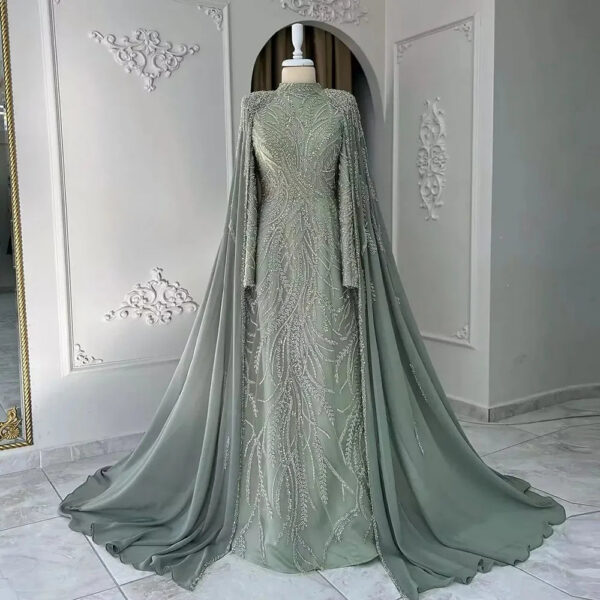 Nove Dress Sage Green Beaded Satin Cape Sleeve Mermaid Modest Evening Dress 1 - Nove Dress