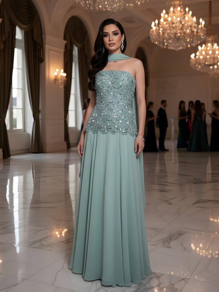 Nove Dress salbeigrün A-Linie Abendkleid mit Perlenstickerei und trägerlosem Schnitt