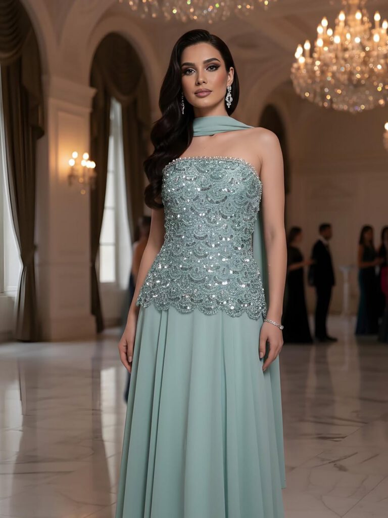 Nove Dress salbeigrün A-Linie Abendkleid mit Perlenstickerei und trägerlosem Schnitt