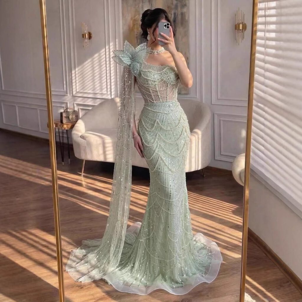 Nove Dress Sage Green Pearl Beaded One Shoulder Evening Dress