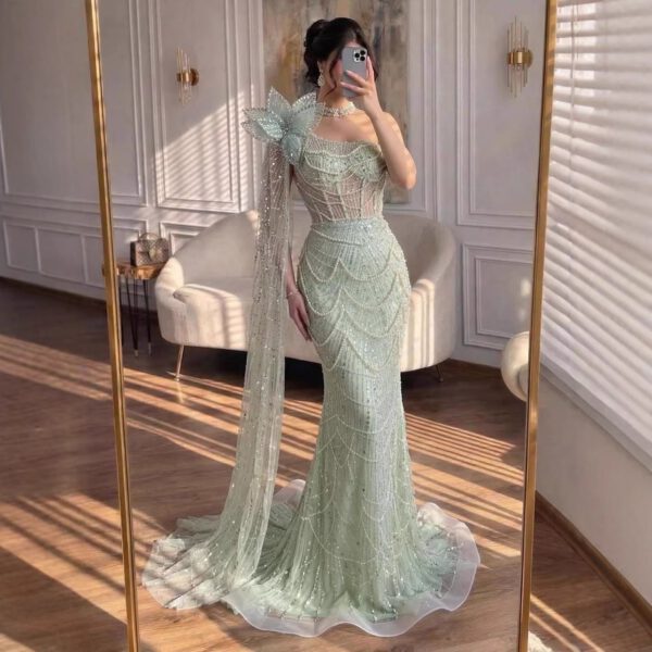 Nove Dress Sage Green Pearl Beaded One Shoulder Evening Dress 1 - Nove Dress
