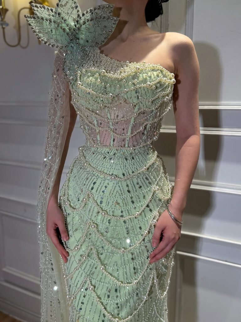 Nove Dress Sage Green Pearl Beaded One Shoulder Evening Dress