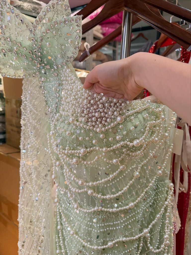 Nove Dress Sage Green Pearl Beaded One Shoulder Evening Dress