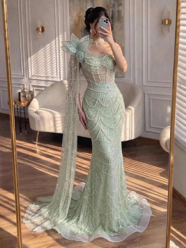 Nove Dress Sage Green Pearl Beaded One Shoulder Evening Dress