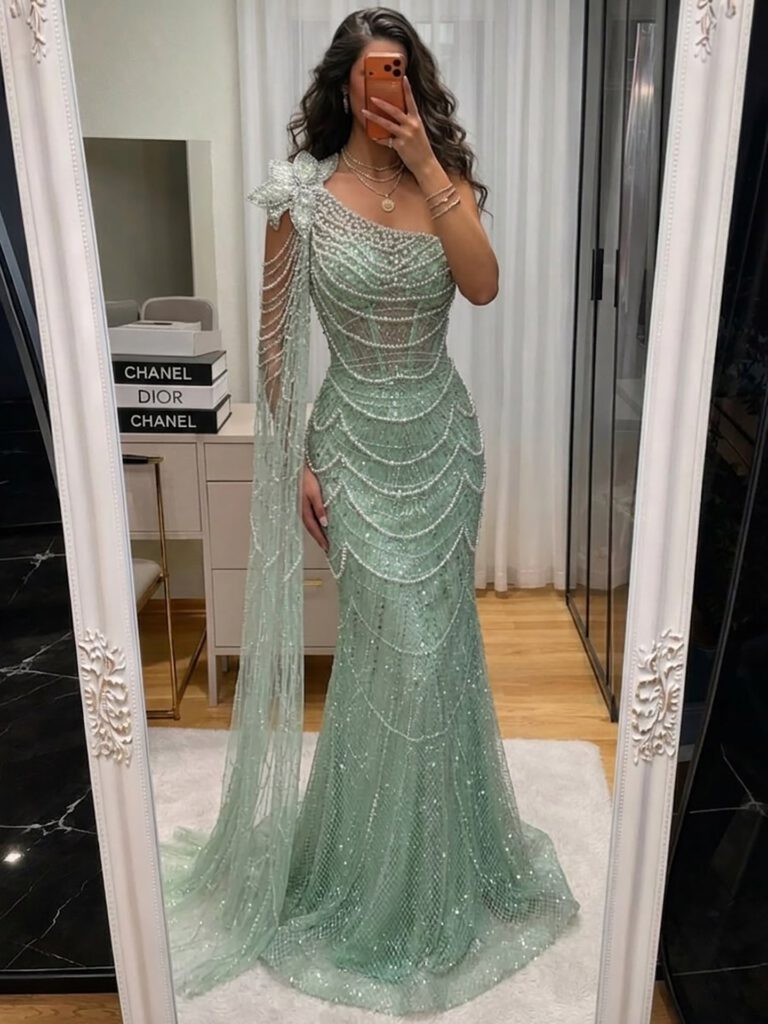 Nove Dress Sage Green Pearl Beaded One Shoulder Evening Dress