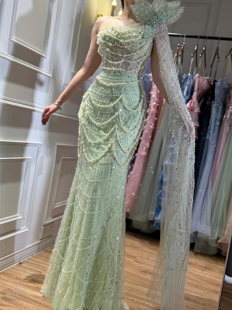 Nove Dress Sage Green Pearl Beaded One Shoulder Evening Dress