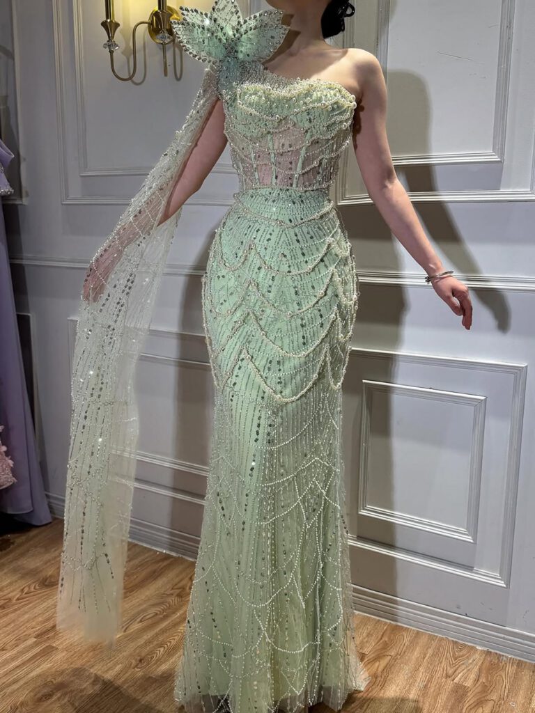 Nove Dress Sage Green Pearl Beaded One Shoulder Evening Dress