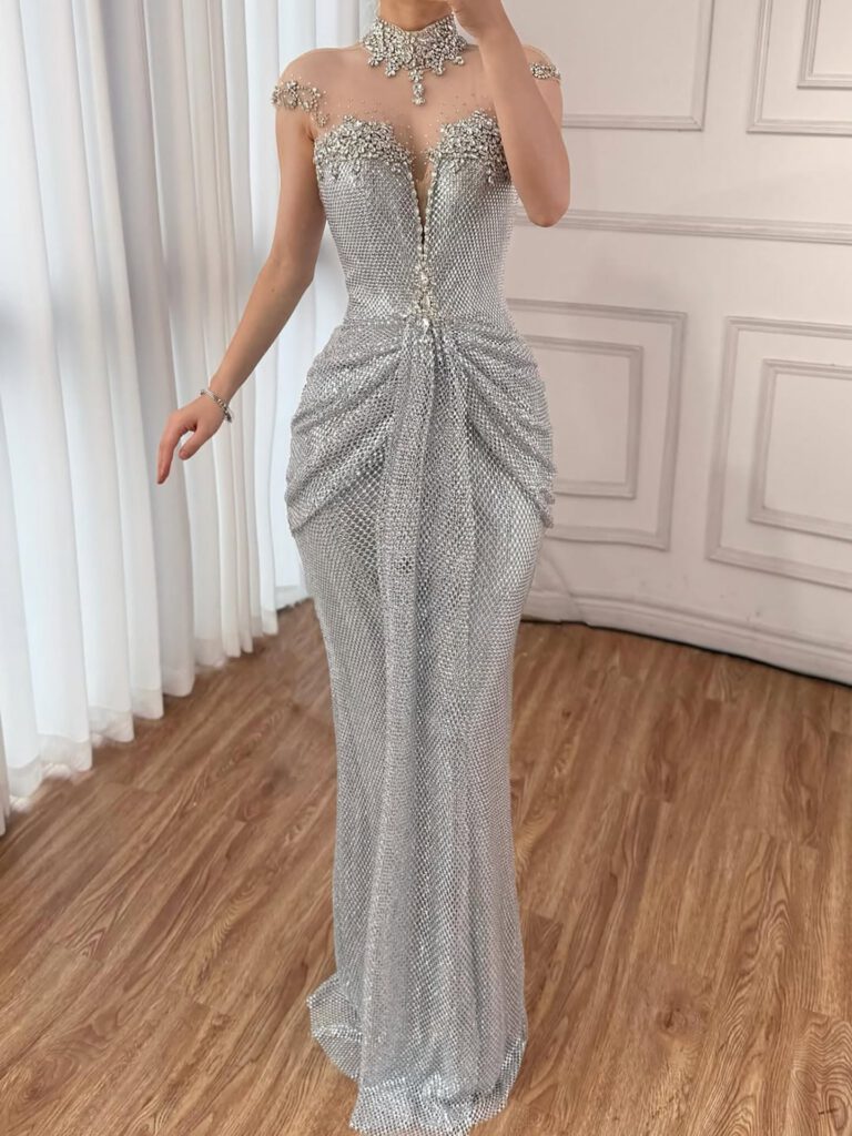 Nove Dress Silver Crystal Beaded Mermaid Evening Dress