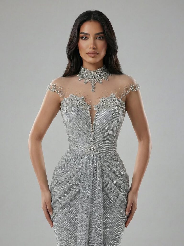 Nove Dress Silver Crystal Beaded Mermaid Evening Dress