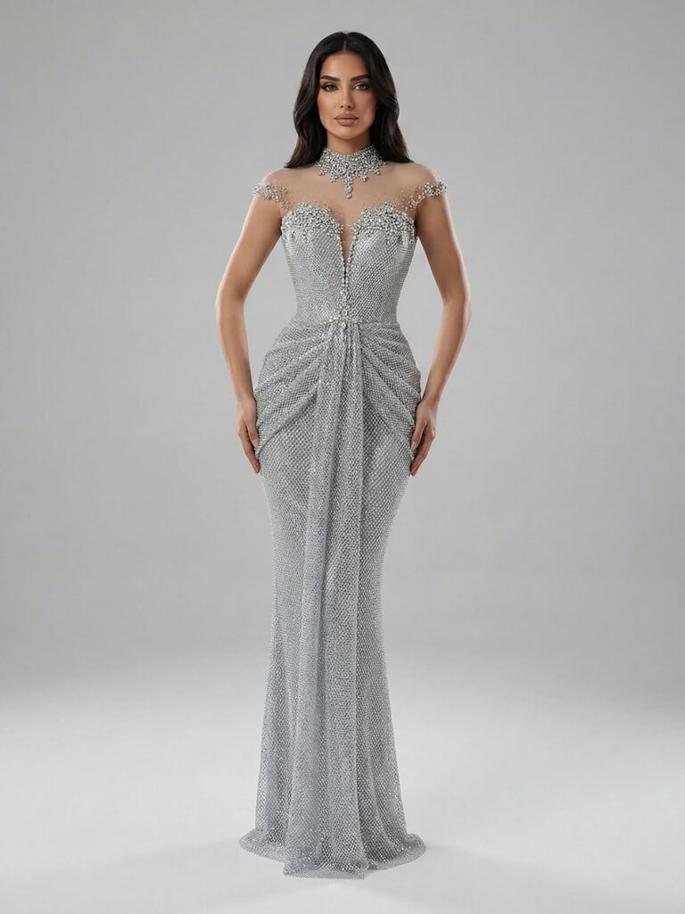 Nove Dress Silver Crystal Beaded Mermaid Evening Dress