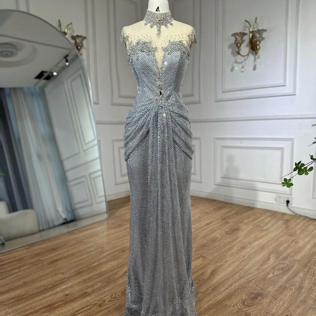 Nove Dress Silver Crystal Beaded Mermaid Evening Dress