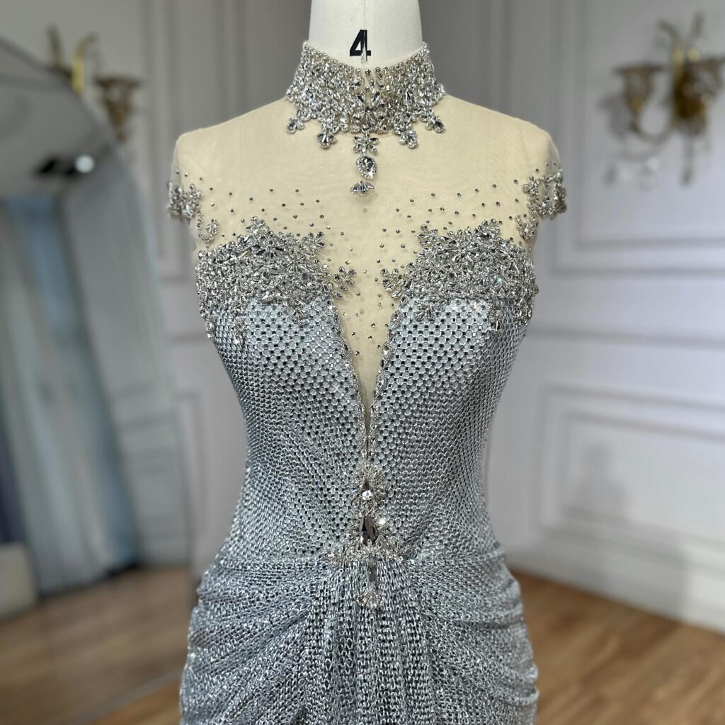 Nove Dress Silver Crystal Beaded Mermaid Evening Dress