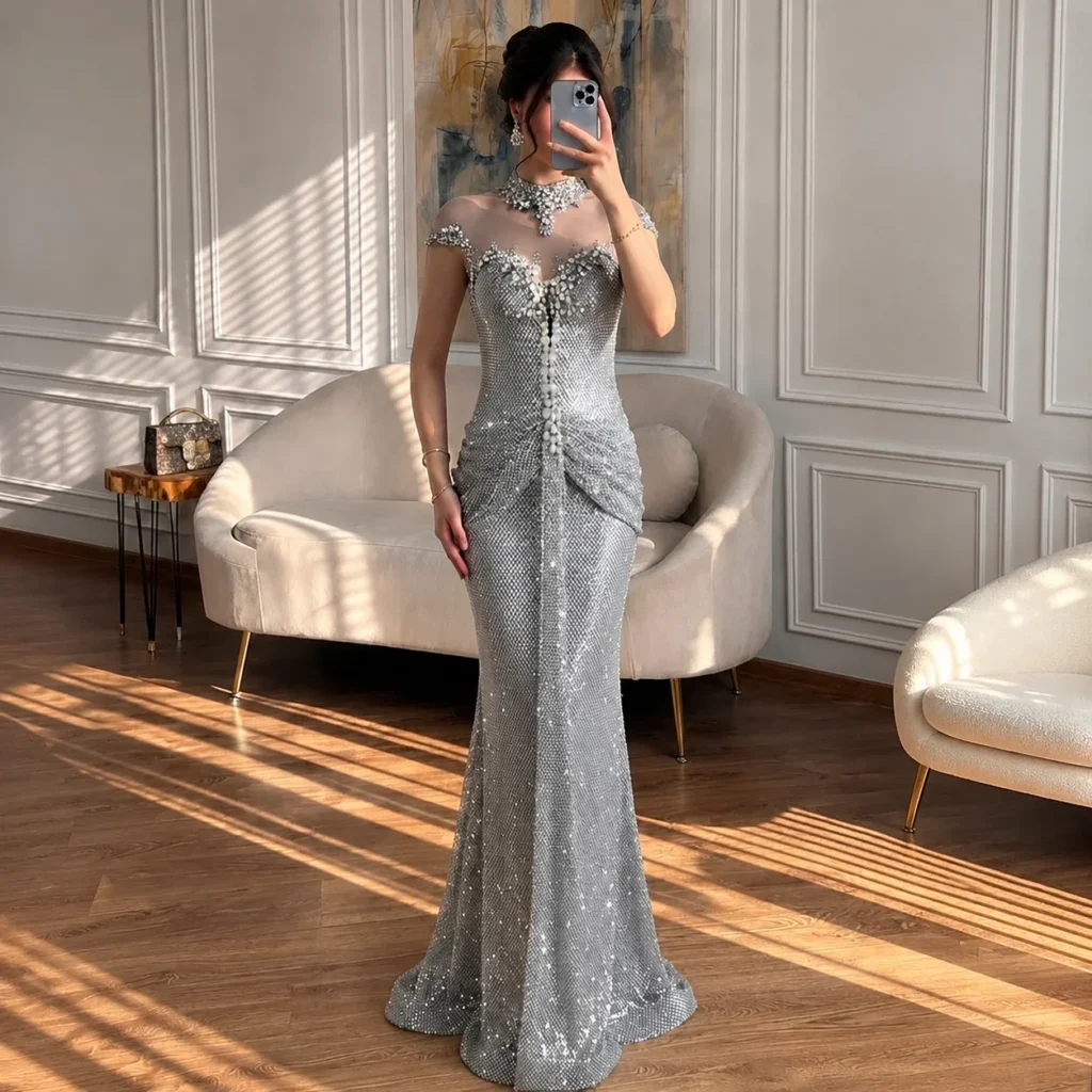 Nove Dress Silver Crystal Beaded Mermaid Prom Evening Dress