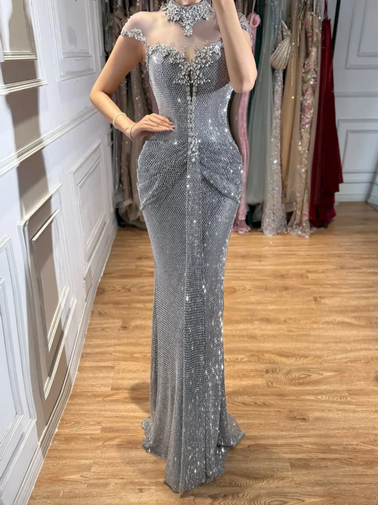 Nove Dress Silver Crystal Beaded Mermaid Prom Evening Dress