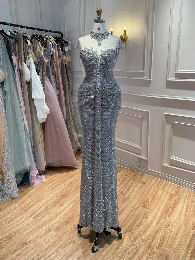 Nove Dress Silver Crystal Beaded Mermaid Prom Evening Dress