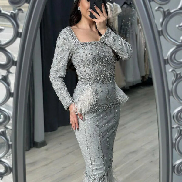 Nove Dress Silver Gray Feather Mermaid Evening Dress 1 - Nove Dress