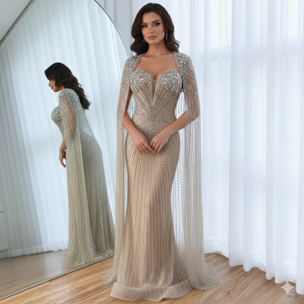 Nove Dress Silver Nude Beaded Cape Sleeve Arabic Evening Dress 1 - Nove Dress