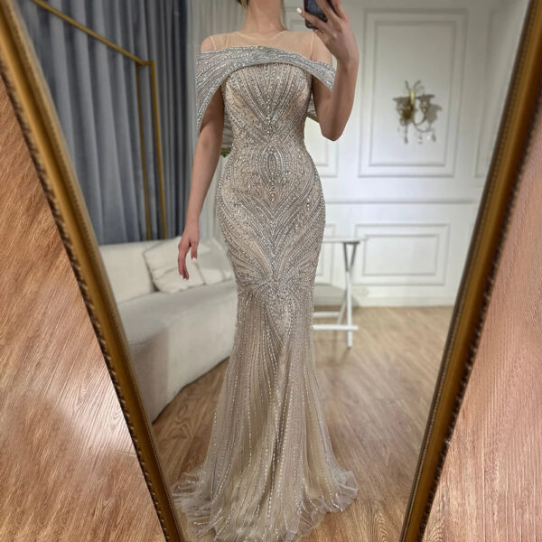 Nove Dress Silver Nude Beaded Mermaid Arabic Evening Dress 1 - Nove Dress