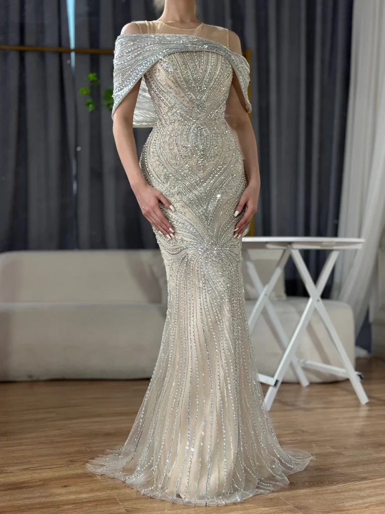 Nove Dress Silver Nude Beaded Mermaid Arabic Evening Dress