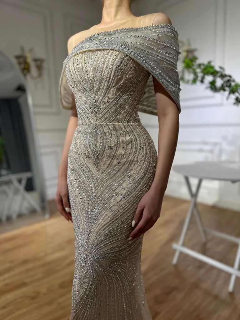 Nove Dress Silver Nude Beaded Mermaid Arabic Evening Dress